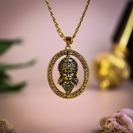 Gold Plated Hanuman Pendant with Chain – Diamond Finish Alloy Locket